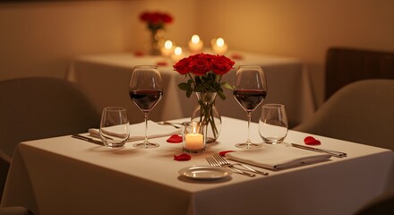 Romantic dinner table setting with roses and candles