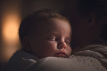 A peaceful baby sleeping on an adult's shoulder in a dimly lit setting