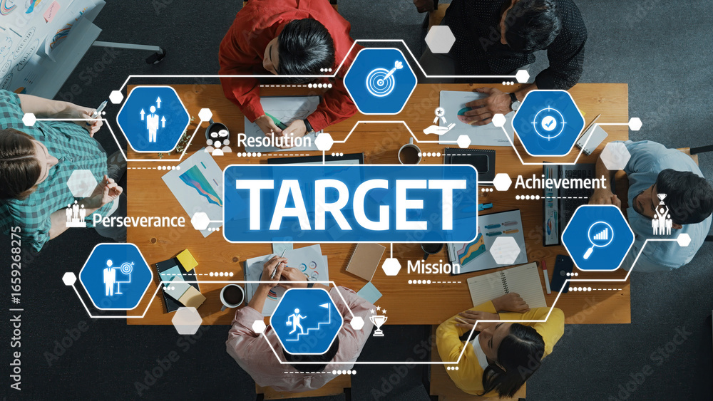 Poster a diverse group of professionals engages in teamwork while focusing on concepts of target, achieveme