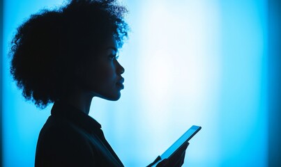 Side view of a Black African American IT data engineer holding a smart tablet while working in a data server room lit by blue light. The image captures the tech-savvy professionalism, Generative AI