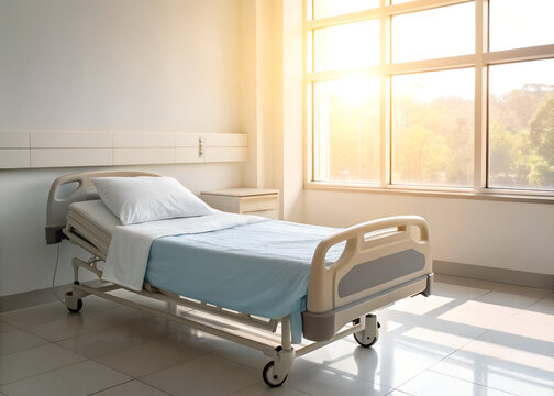 Empty hospital bed in a sunlit room - Powered by Adobe