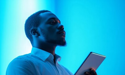 Side view of a Black African American IT data engineer holding a smart tablet while working in a data server room lit by blue light. The image captures the tech-savvy professionalism, Generative AI