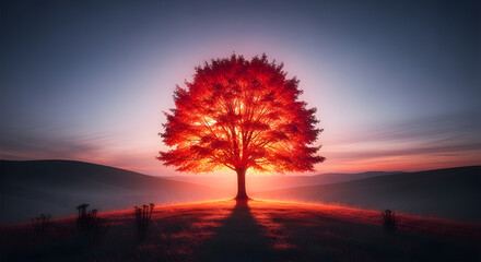 Obraz premium Radiant Arbor: A solitary tree with blazing foliage silhouetted against a twilight sky evokes feelings of tranquility, resilience, and the majestic beauty of nature's artistry as dusk descends