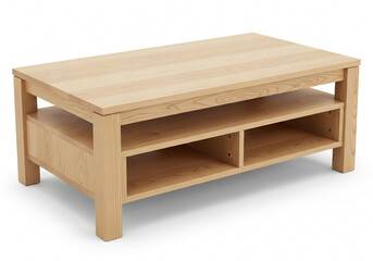 Modern oak wood tv table with storage shelves isolated on white background, a stylish furniture piece