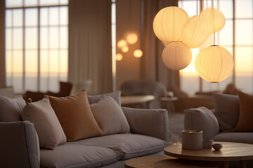 Modern cozy living room with soft lighting, comfortable sofas, decorative pillows, and elegant globe pendant lights creating a warm ambiance.