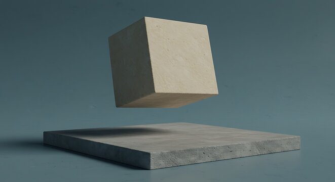 Minimalist Scene with Floating Concrete Cube Above Platform