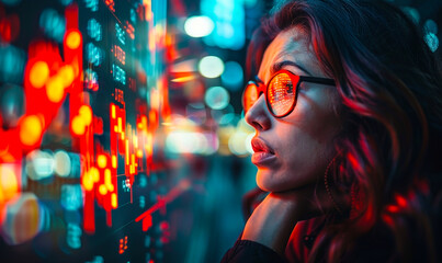 Stock Market Crash Impact on Investors - Woman Analyzing Data at Night, Concerned Expression, Economic Recession Concept