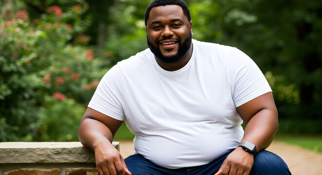 Smiling fat black man in a white t-shirt sitting outdoors