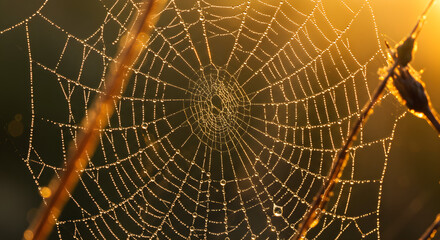 Obraz premium Spiderweb with Dew Drops in Golden Sunlight | Intricate Web Design in Nature Macro Photography for Backgrounds and Texture Overlays