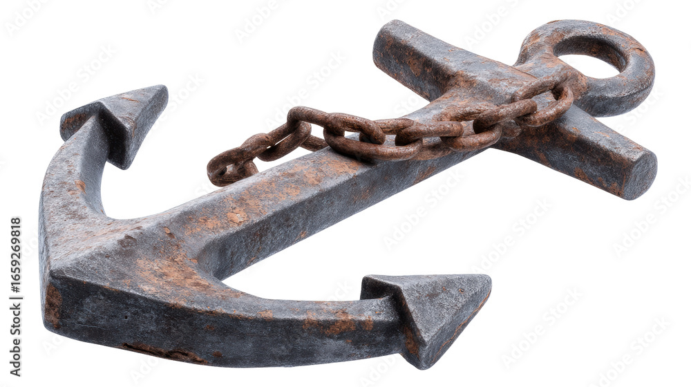 Poster rusty anchor isolated on transparent background with old metal chain and weathered surface