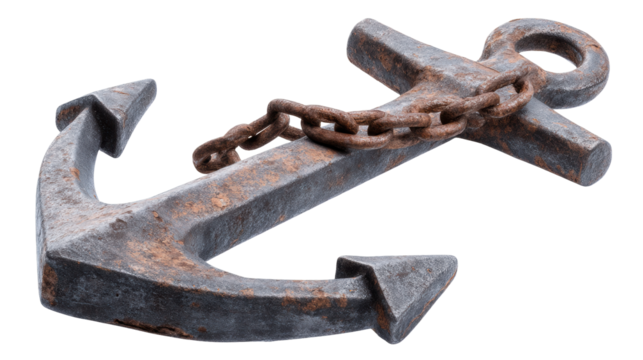 Rusty anchor isolated on transparent background with old metal chain and weathered surface