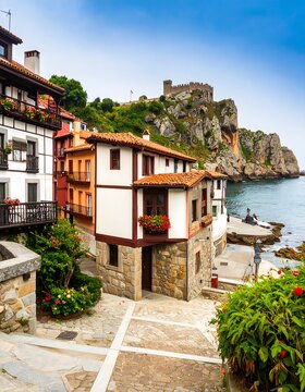 Fototapeta Coastal village scene with colorful houses, stone streets, and a castle on a cliff overlooking the ocean