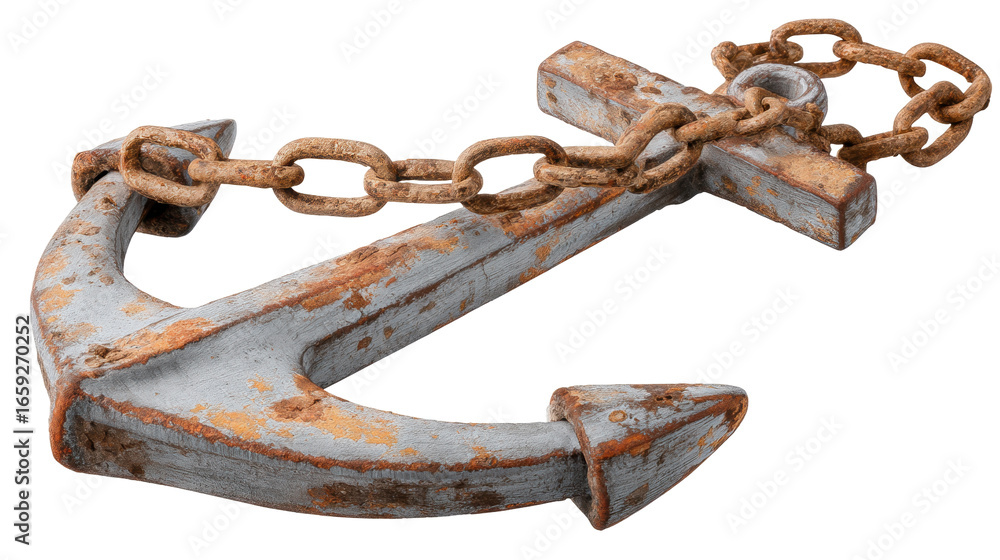 Poster isolated rusty anchor with chain on transparent background for nautical and marine design use
