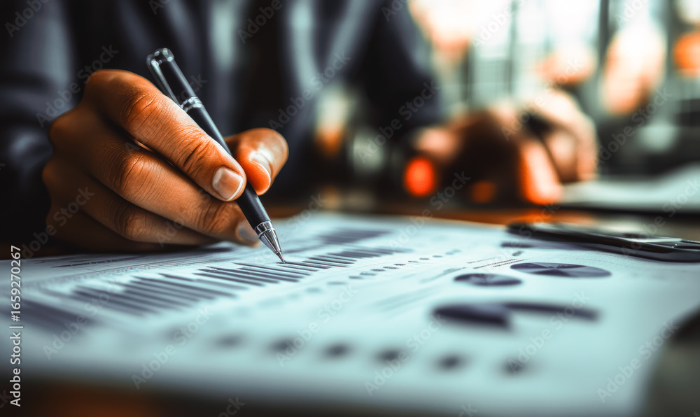 Aufkleber close up of business person hand analyzing financial charts and graphs on paper with pen for data re