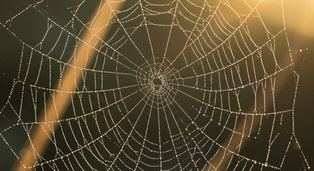Obraz premium Spiderweb with Dew Drops in Morning Light | Close-up of Cobweb for Nature and Autumn-themed Marketing Materials