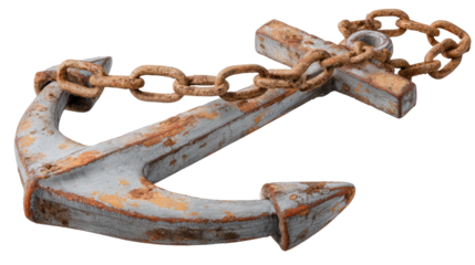 Isolated rusty anchor with chain on transparent background for nautical and marine design use