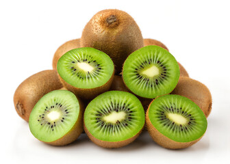 Fototapeta premium A vibrant pile of fresh ripe kiwifruit some whole and some sliced in half showcasing their green flesh and black seeds