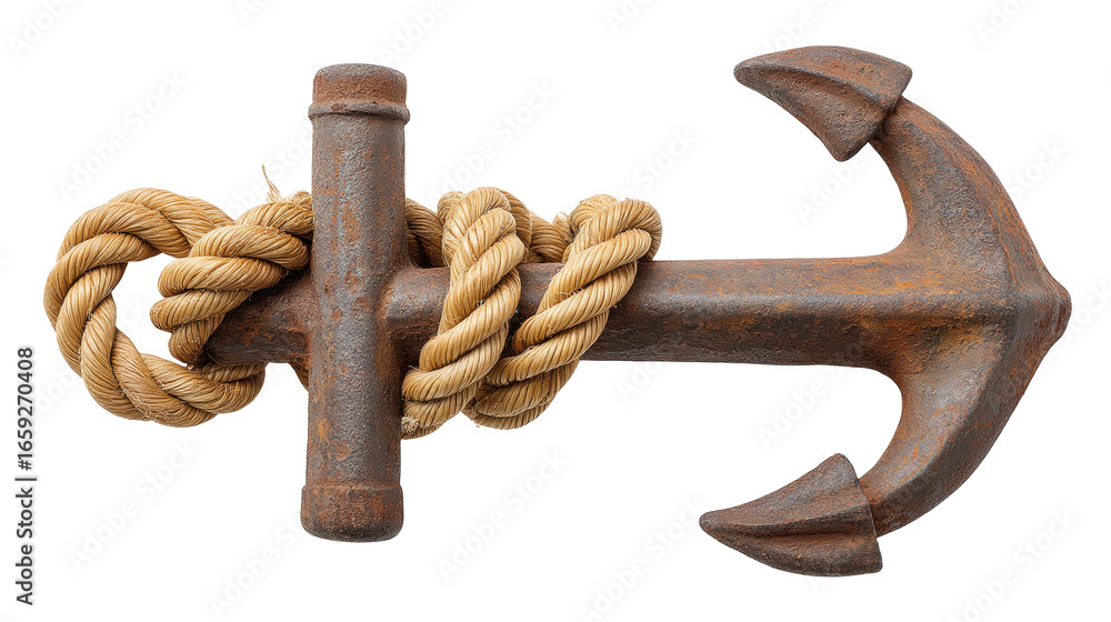 Poster isolated rusty anchor with rope on transparent background for nautical and maritime design use