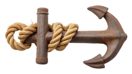 Isolated rusty anchor with rope on transparent background for nautical and maritime design use