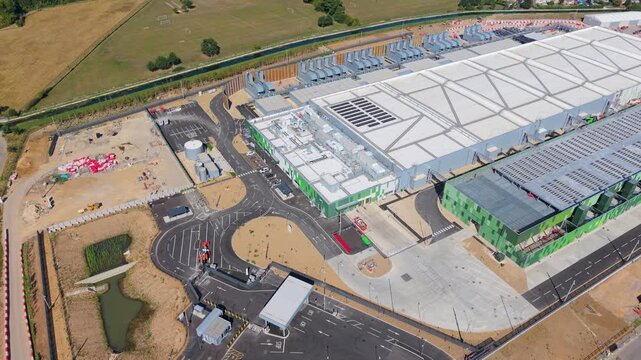 Aerial drone footage showcasing the vast scale of Google&rsquo;s data centre in Waltham Cross, Hertfordshire, highlighting architecture and size.