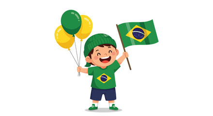 Cheerful Boy Waving Brazilian Flag and Holding Balloons