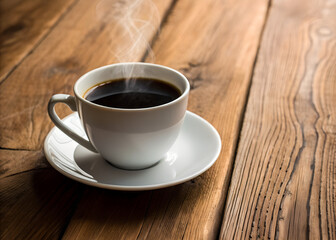 Obraz premium A cup of black coffee on a wooden surface.