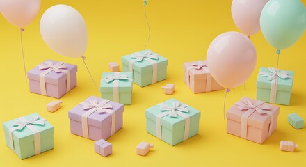 Fototapeta premium Pastel Gift Boxes and Balloons on a Vibrant Yellow Background