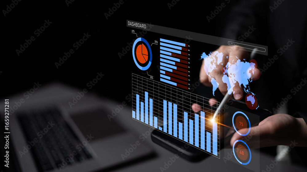 Poster interactive data analytics dashboard showcasing graphs and charts on a transparent screen, reflectin