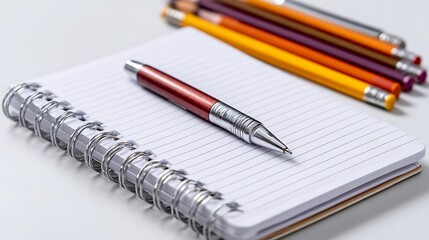 Spiral Notebook With Lined Paper and Red Pen Alongside Colored Pencils on White Surface