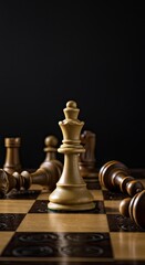 Chess queen victorious on a game board; defeated opponents surround; studio setting