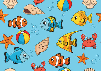 Fototapeta premium A cheerful seamless pattern of smiling sea creatures, including cartoon fish, crabs, and starfish, mixed with seashells and beach balls on a background of playful blue waves and bubbles.