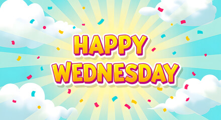 A cheerful "Happy Wednesday" set against a sunny sky with clouds and confetti. Illustration wallpaper background
