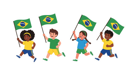 Diverse children running with Brazilian flags