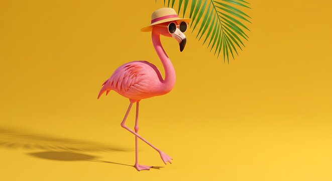Pink Flamingo Wearing Sunglasses and Hat with Palm Frond