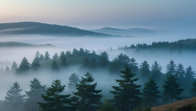 fog over the mountains, oggy pine forest landscape in the morning with hilltop view.