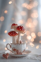 Red toadstools in a vintage teacup with hearts, bokeh background