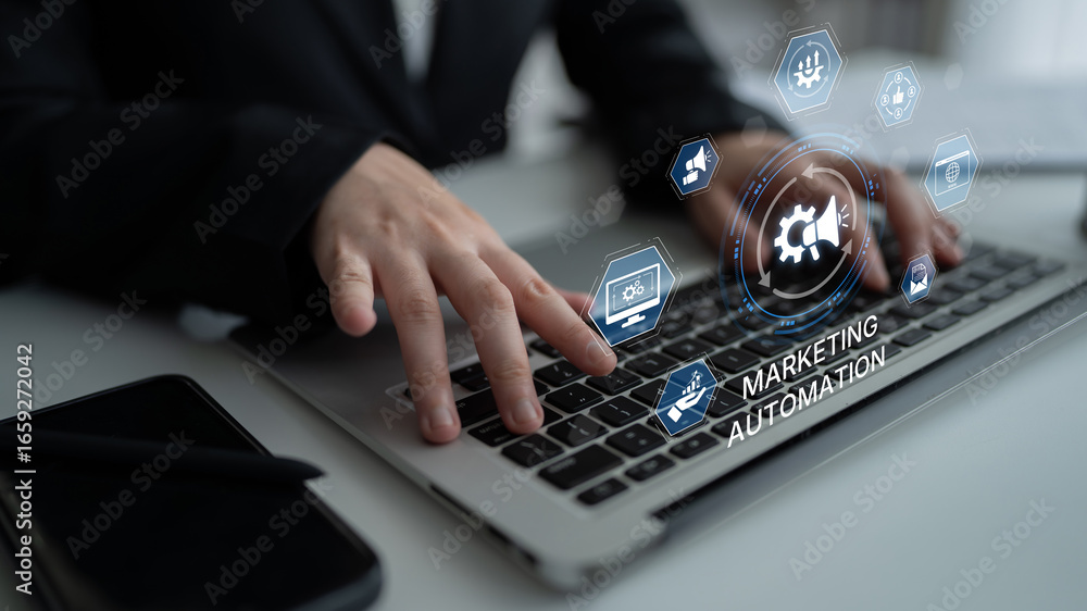 Aufkleber marketing automation diagram showcase ai-driven campaign workflow, highlight marketing automation, d