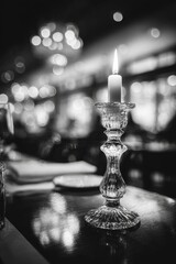 Lit candle in crystal candlestick on a dark table