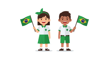 Happy Brazilian students holding national flags