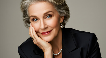 An elegant portrait of a smiling older woman with grey hair styled in an updo, wearing a pearl necklace and earrings.