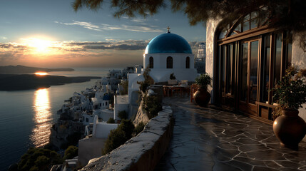 A terrace with a blue-domed church and a panoramic view of a white-washed village and the sea at sunset