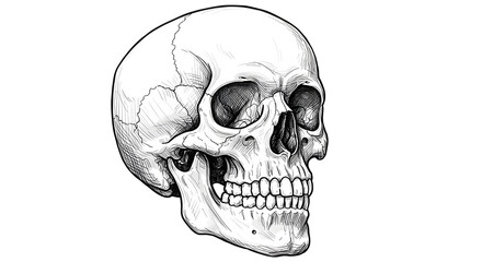 A black and white line art illustration of a human skull. Illustration white background