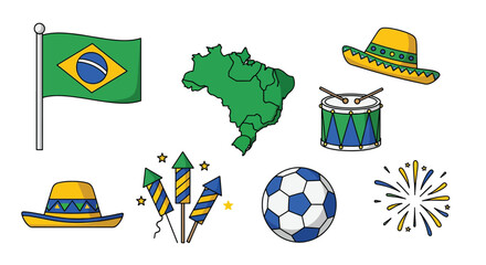 Set of colorful cartoon icons representing Brazilian culture and celebration.