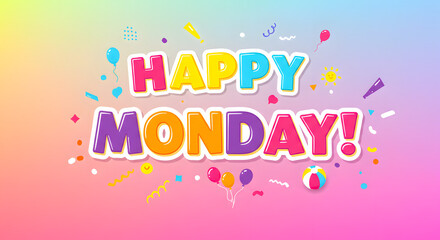 A festive "Happy Monday" with party doodles and balloons on a pastel gradient. Illustration wallpaper background