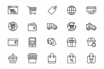 Online shopping and ecommerce vector icons in outline style for web design
