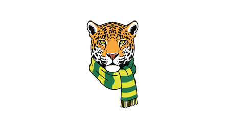 Stylish cartoon jaguar head wearing a green and yellow striped scarf.