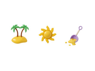 Playful isolated summer themed arrangement featuring a tropical island sun and sand pail with