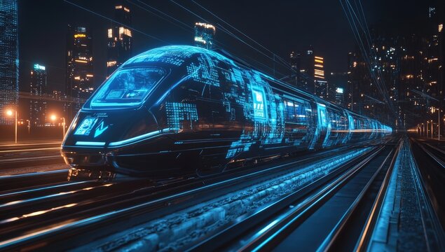 A high-speed train in blue with holographic projection of data and information, highlighting the use of AI technology for smart railway system design.