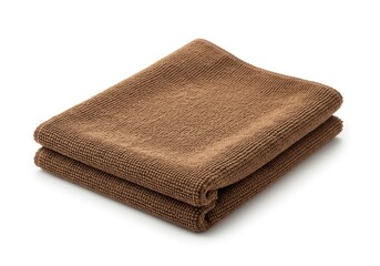 Folded brown microfiber cleaning cloths on white background