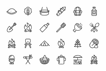 Camping and Outdoor Adventure Icon Set in Line Art Style Design
